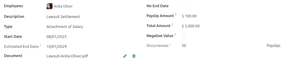 El formulario de deducción salarial con todos los campos llenos.