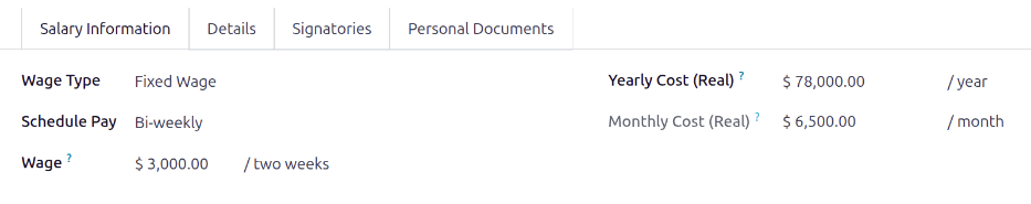 La pestaña de información salarial completada.