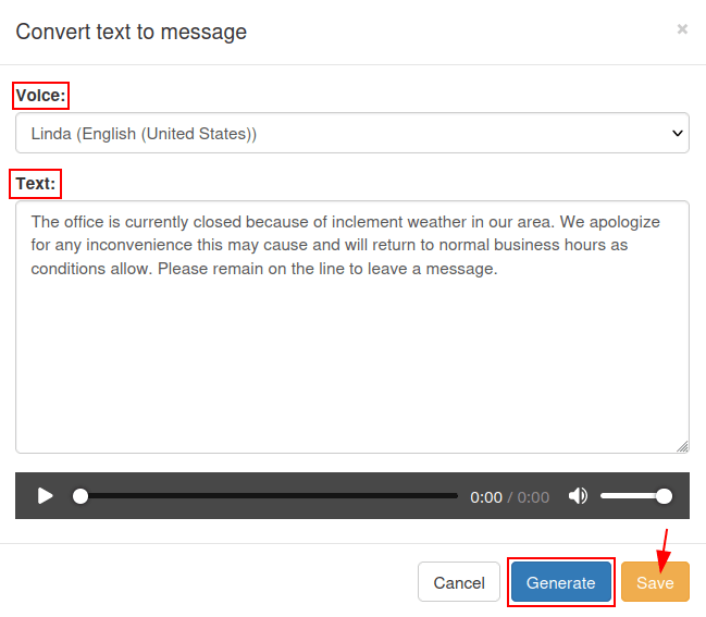 La ventana Convertir texto a mensaje con las opciones Voz, Texto, Generar y Guardar marcadas con cuadros y flechas rojas.