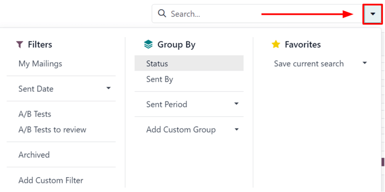 El mega menú desplegable de las opciones de búsqueda disponibles en la aplicación Marketing por correo de Nexovate.
