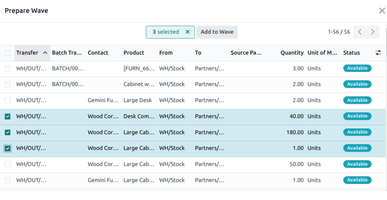 Seleccione las líneas que desee añadir a la ola.