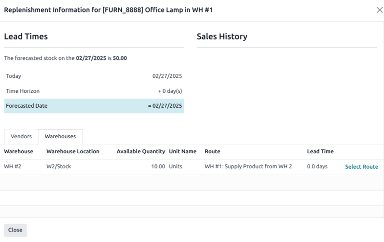 La pestaña de almacén en la ventana emergente Información de reabastecimiento.