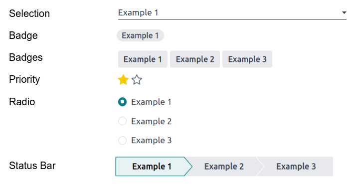 Captura de pantalla con ejemplos de campos de selección con diferentes widgets.