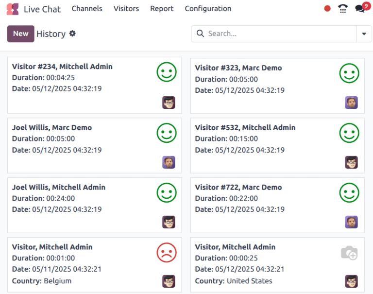 Ejemplo de un reporte de Historial de sesiones desde la aplicación Chat en vivo.
