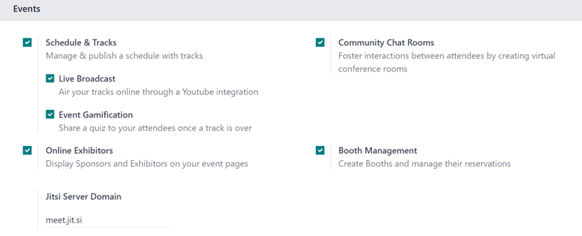 La sección Eventos en la página de ajustes en la aplicación Eventos de Nexovate.