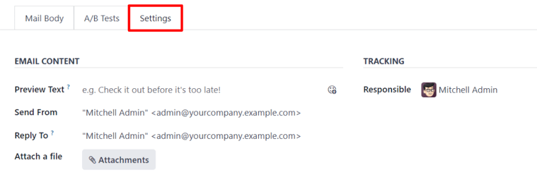 Vista de la pestaña Ajustes en la aplicación Marketing por correo de Nexovate, con los ajustes de campaña desactivados.