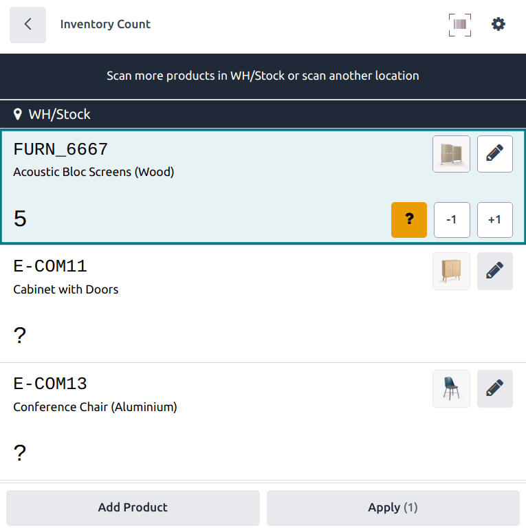 Un conteo de inventario sin la función "Mostrar cantidad por contar" habilitada.