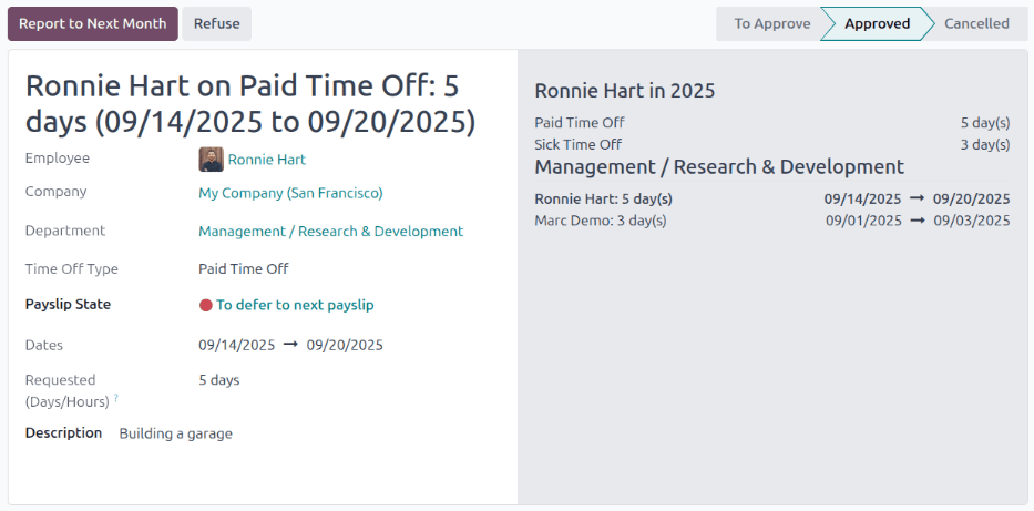 Los detalles del tiempo personal de una solicitud que necesita ser diferida.