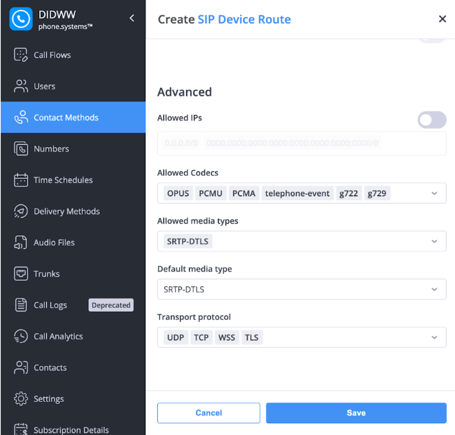 Configuración de un nuevo método de contacto en DIDWW.