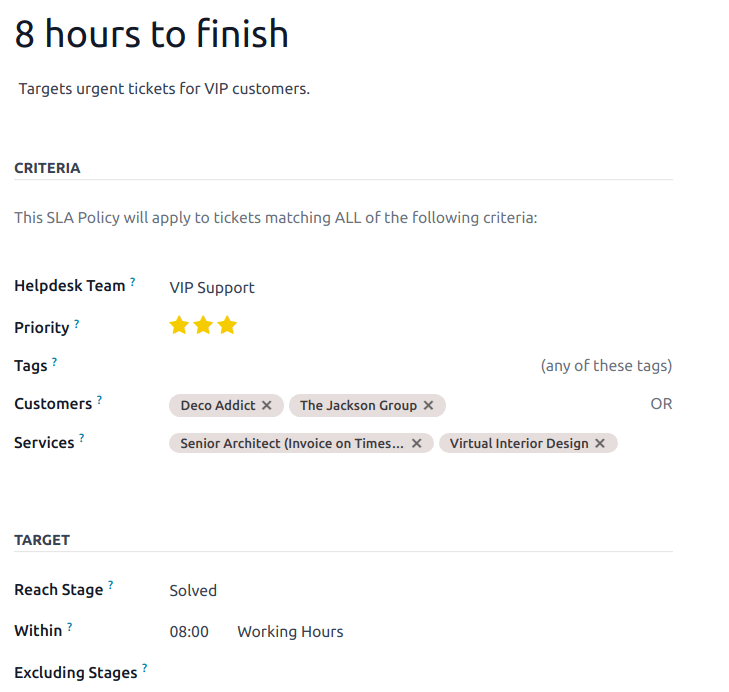 Imagen de un nuevo registro de política SLA con toda la información relevante incluida.