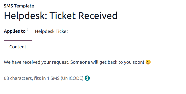 Vista de una página de ajustes de plantilla para SMS en la aplicación Soporte al cliente de Nexovate.