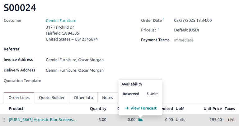 Captura de pantalla de una orden de ventas con el icono de reporte pronosticado resaltado.