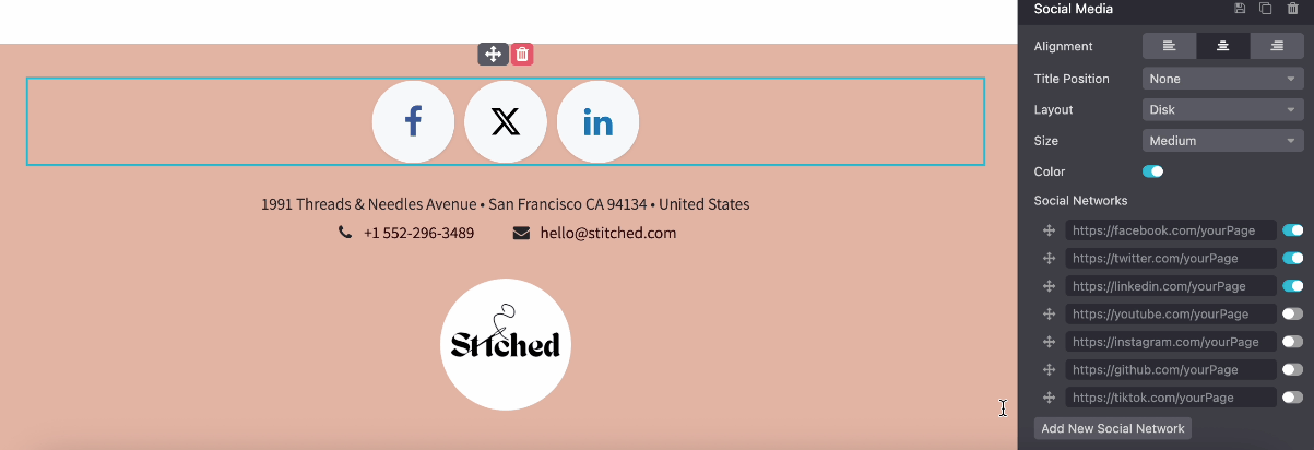 Captura de pantalla del bloque de contenido interno para redes sociales