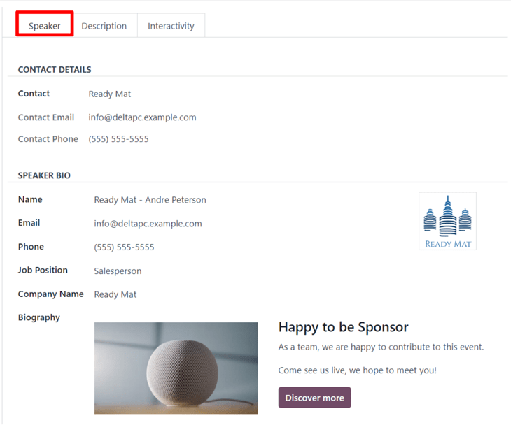 La pestaña Ponente en un formulario de sesión de evento en la aplicación Eventos de Nexovate.