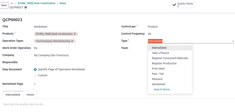Mostrar la página para agregar un control de calidad.