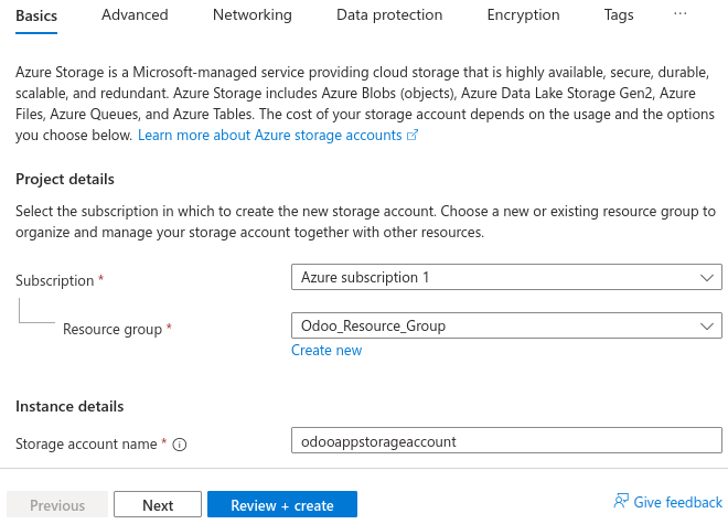 Captura de pantalla de la creación de una cuenta de almacenamiento de Microsoft Azure.