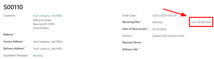 La fecha de vencimiento en una orden de venta de suscripción en la aplicación Suscripciones de Nexovate.