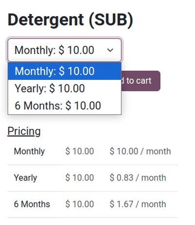 Producto de suscripción en el sitio web de Comercio electrónico.