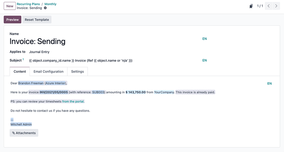 Una plantilla de correo electrónico en Nexovate utilizada para enviar mensajes de facturación de suscripciones a los clientes.