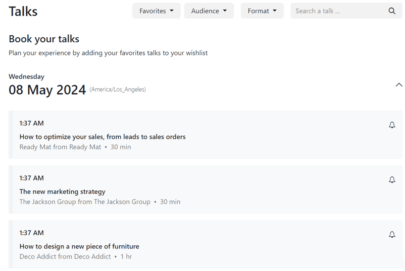 La página Pláticas en el sitio web de un evento creado con la aplicación Eventos de Nexovate. 