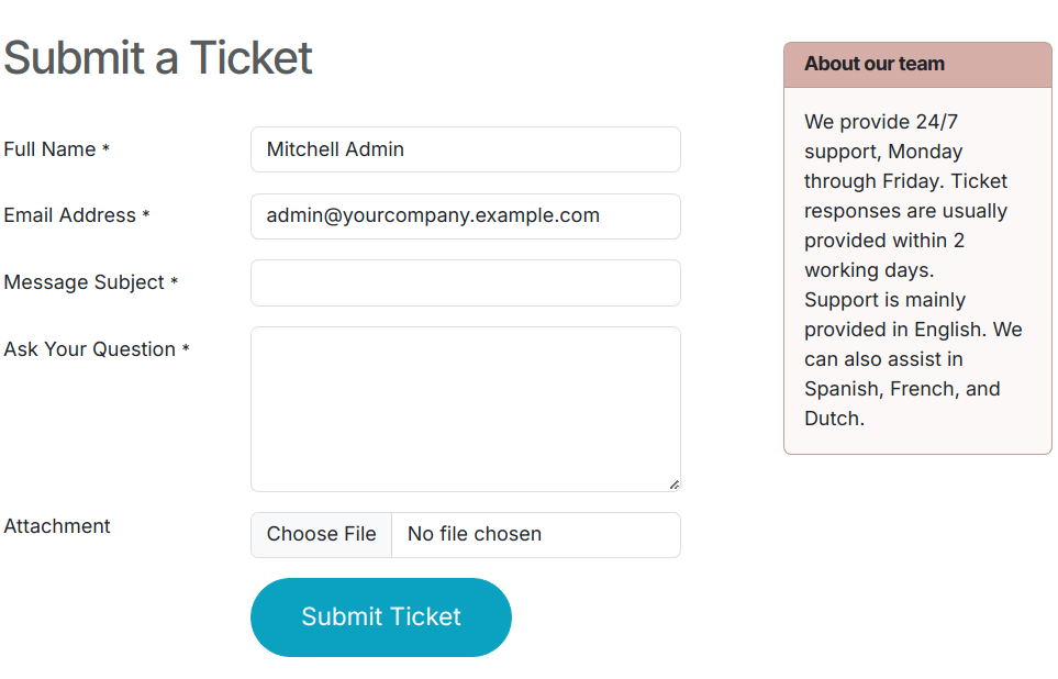 Vista del formulario de sitio web de un equipo de Mesa de asistencia donde se muestra la descripción del equipo.