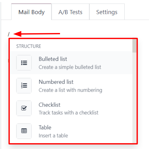 Visualización del editor de texto enriquecido desplegable en la aplicación Marketing por correo de Nexovate.