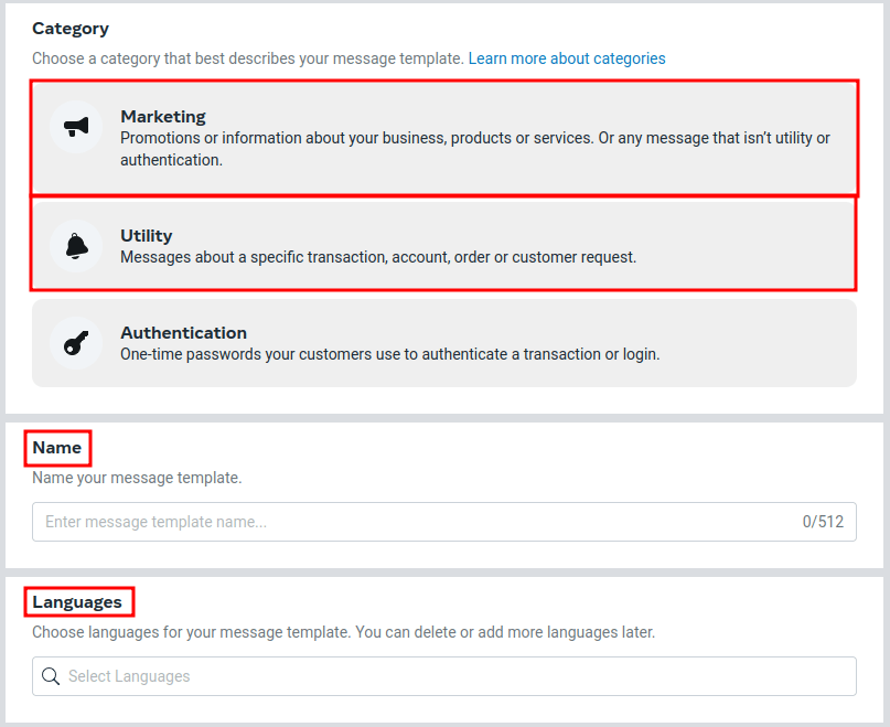 Imagen que muestra las opciones de configuración de plantillas con las opciones de Marketing, Utilidades, Nombre e idioma resaltados.