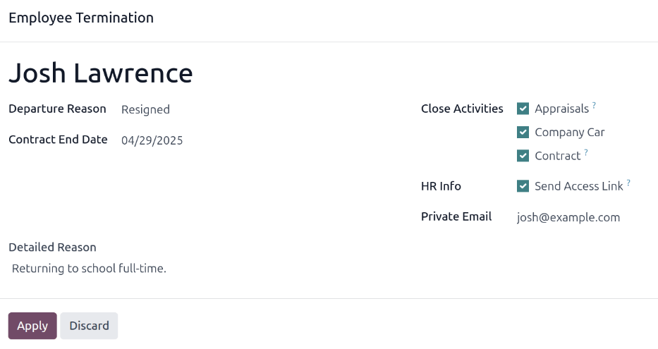 El formulario de despido del empleado con todos los campos completados.