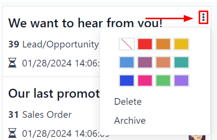 Imagen del menú desplegable que sale al hacer clic en los tres puntos desde el tablero de Marketing por correo de Nexovate.