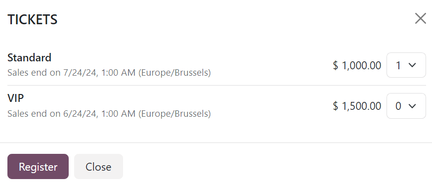 La ventana emergente de boletos que aparece en el sitio web del evento al hacer clic en "Registro".