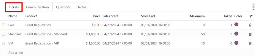 Una pestaña de boletos común en un formulario de evento en la aplicación Eventos de Nexovate.