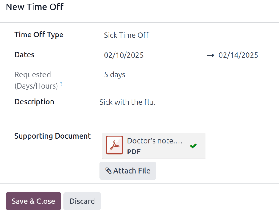 Un formulario de solicitud de tiempo personal completado para un empleado en casa por gripe.