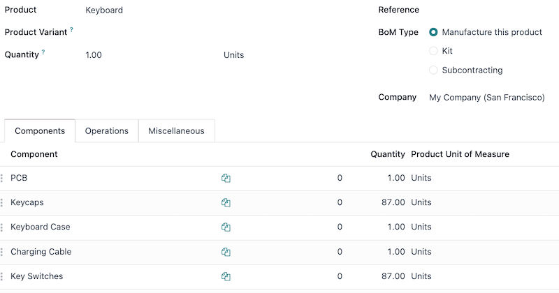 Captura de pantalla de una lista de materiales para un teclado, en la que se incluye una lista de materiales para la PCB.