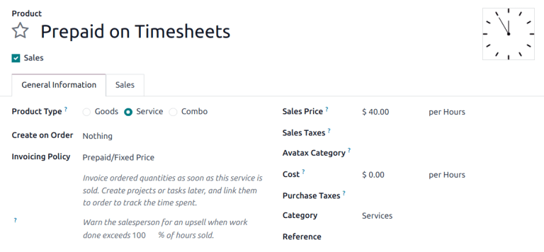 Vista de un producto de servicio con la política de facturación establecida en 'precio fijo o de prepago'.