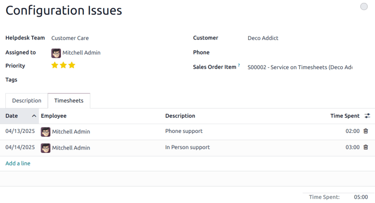 Vista de la pestaña de hojas de horas en un ticket de soporte al cliente.