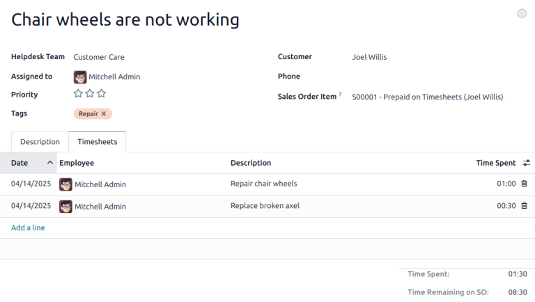 Vista de la pestaña de hojas de horas en un ticket, se resaltan las horas restantes de una orden de ventas.