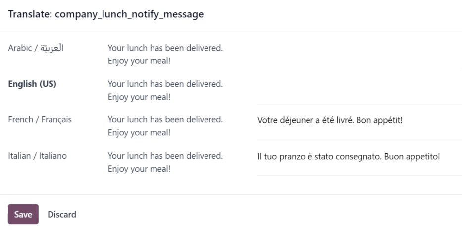 La caja de texto de traducción, con el idioma actual resaltado y el campo para la traducción al árabe resaltado.