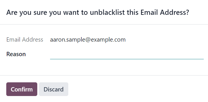 Vista de la ventana emergente para eliminar contactos de la lista de exclusión en la aplicación Marketing por correo de Nexovate.