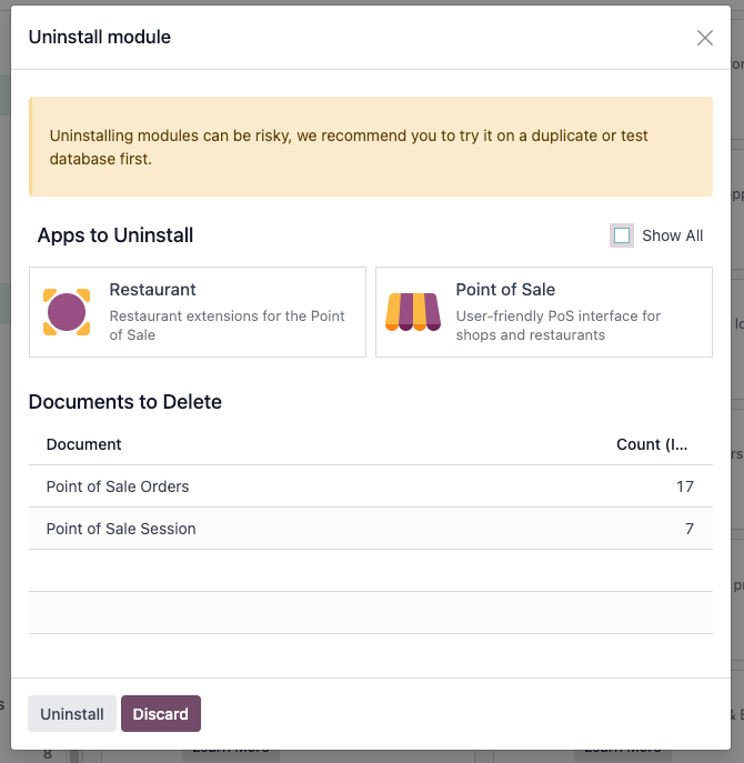 Un mensaje de advertencia que muestra las aplicaciones que serán desinstaladas si lleva a cabo la desinstalación.