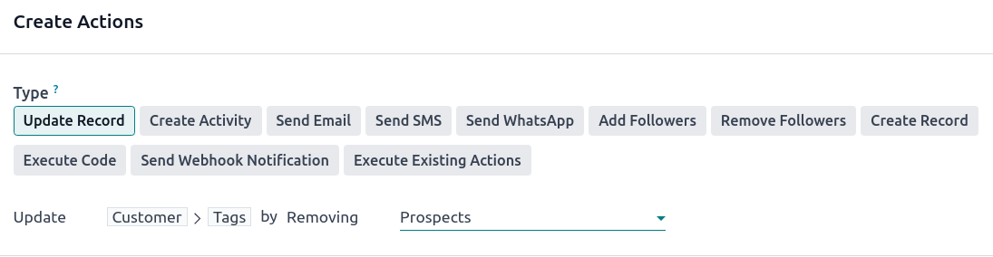 Captura de pantalla con un ejemplo de una acción para actualizar un registro.