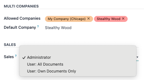 El menú desplegable de la aplicación Venta para configurar el nivel de permisos de un usuario.