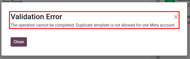 Imagen de un error de usuario en Nexovate cuando existe una plantilla duplicada