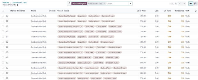 Puede acceder a la página de variantes mediante el botón inteligente variantes en el formulario de producto de Nexovate.