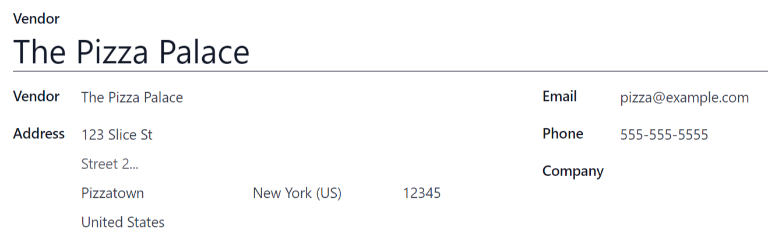 La parte superior del formulario de proveedor completada.
