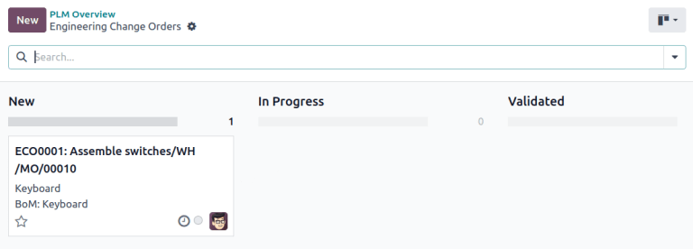 Busque la nueva orden de cambio de ingeniería en el tipo de orden "Actualizaciones en la lista de materiales", estará en la etapa "Nuevo".