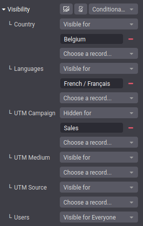 Ejemplo de un bloque configurado con varias condiciones de visibilidad