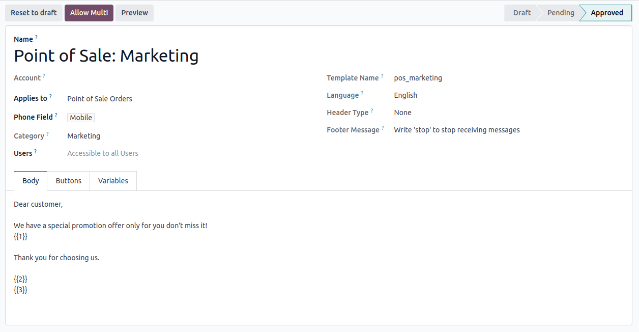 Plantilla de WhatsApp aprobada y configurada para uso de marketing.