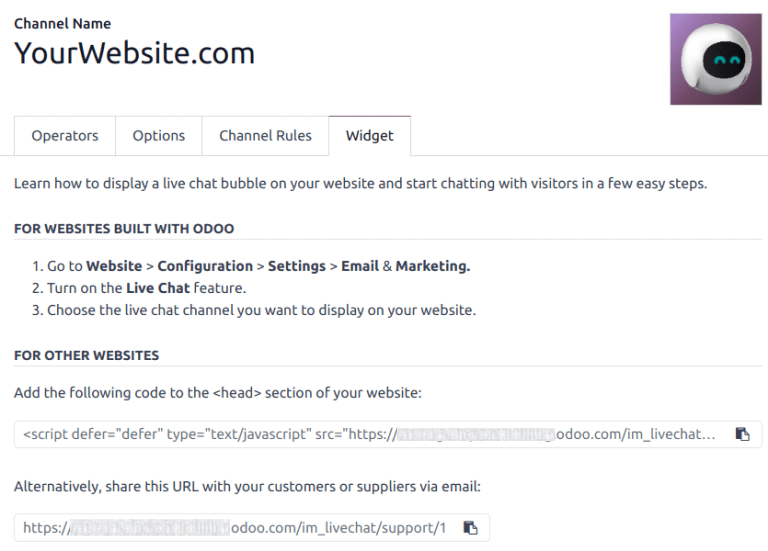 Vista de la pestaña "widget" en la aplicación Chat en vivo de Nexovate.