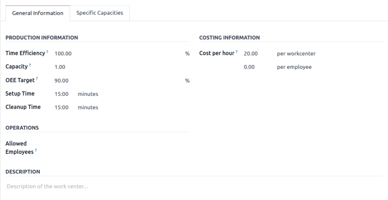 La pestaña "Información general" del formulario del centro de trabajo.
