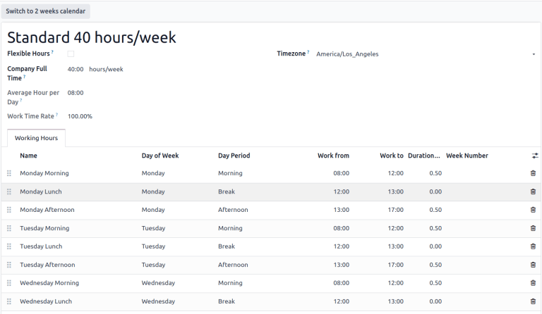 El formulario de horas de trabajo de Estándar 40 horas/semana.